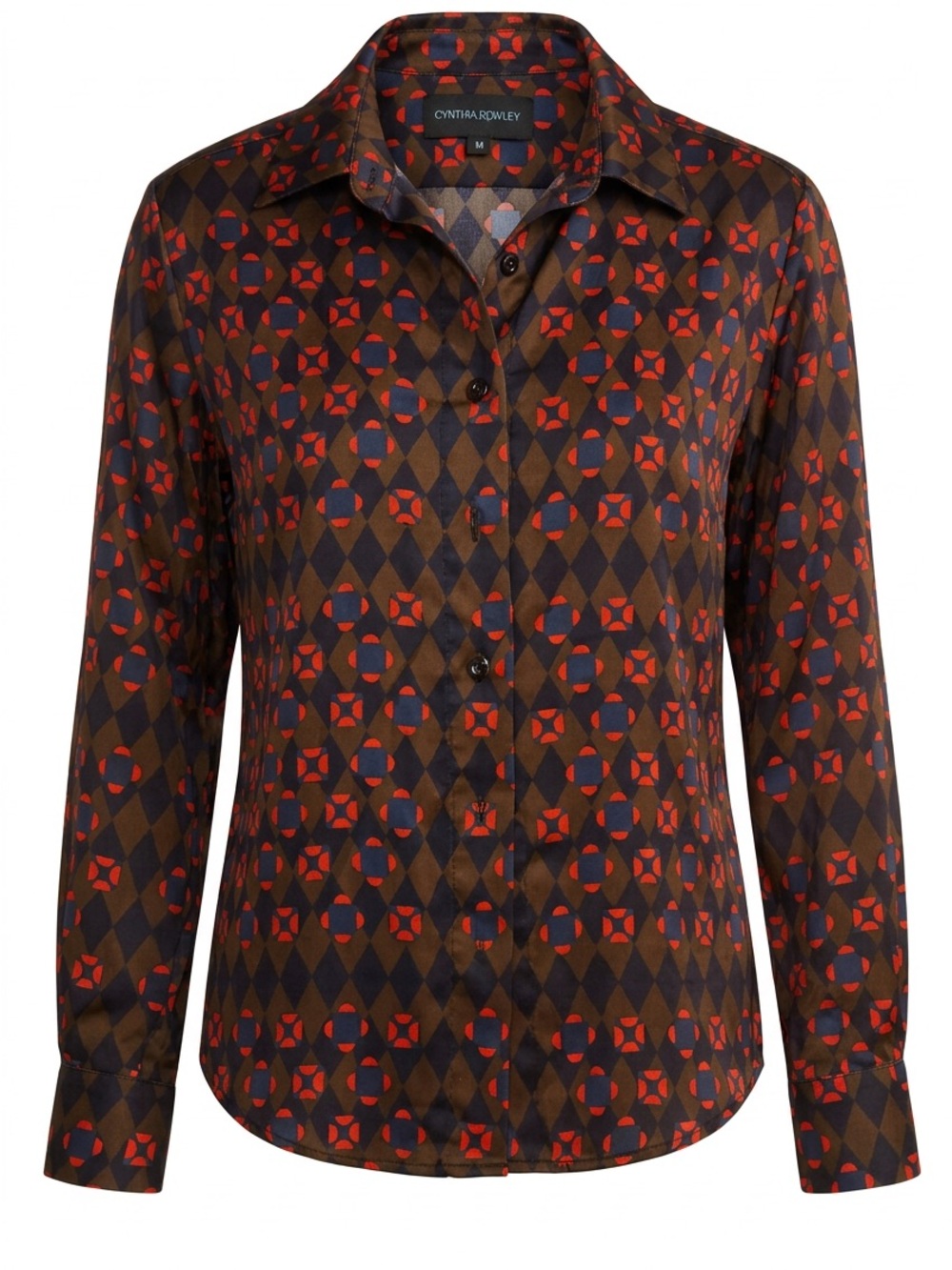 Cynthia Rowley Brown Geometric Button-Down Shirt with Red and Navy Accents